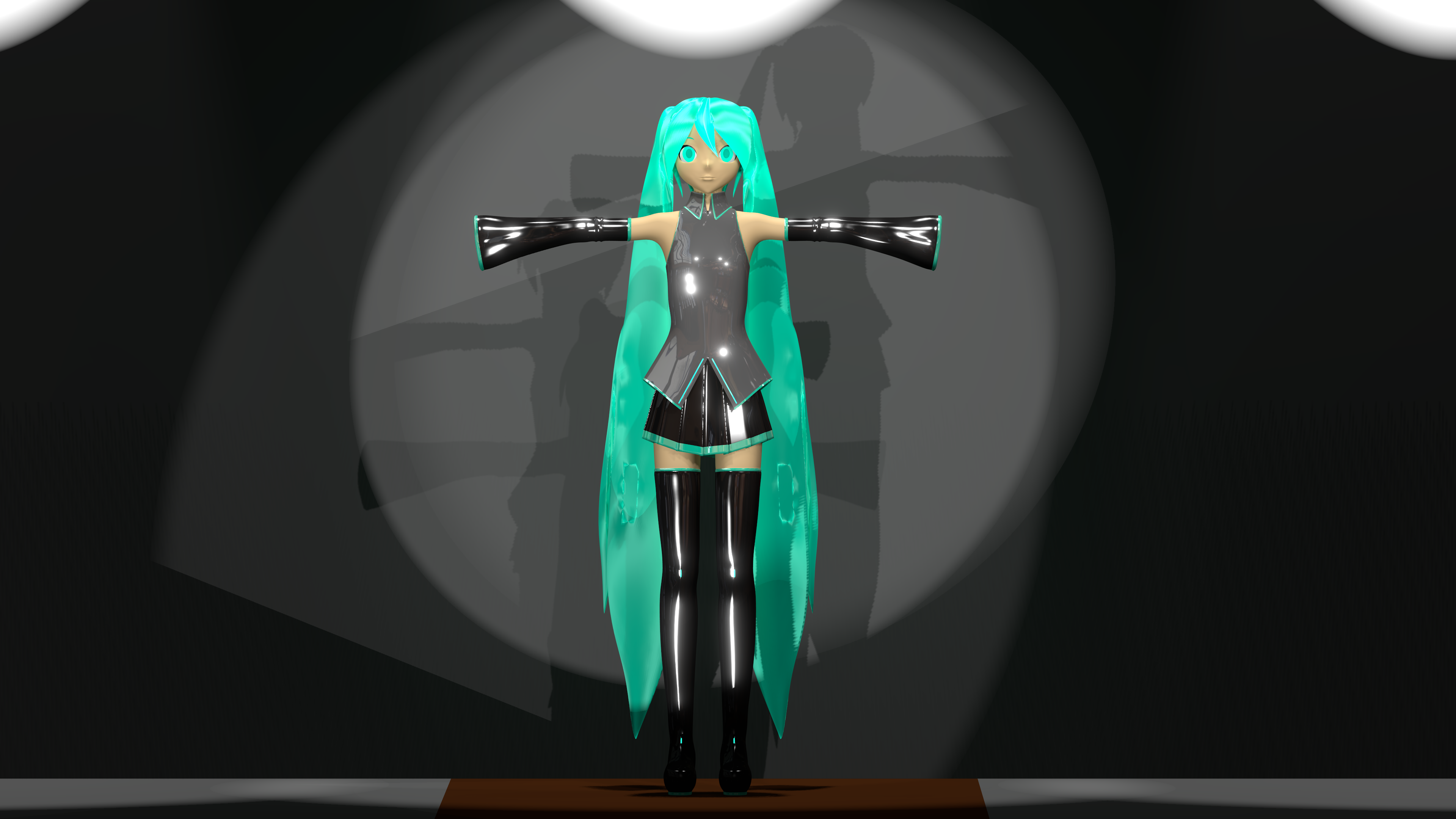 Hatsune Miku stands in front of a black wall, in a T pose.